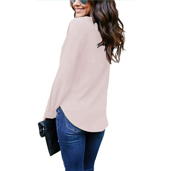 🆕️Long Sleeve Casual V Neck Chiffon Blouses Khaki - Picture 2 of 5